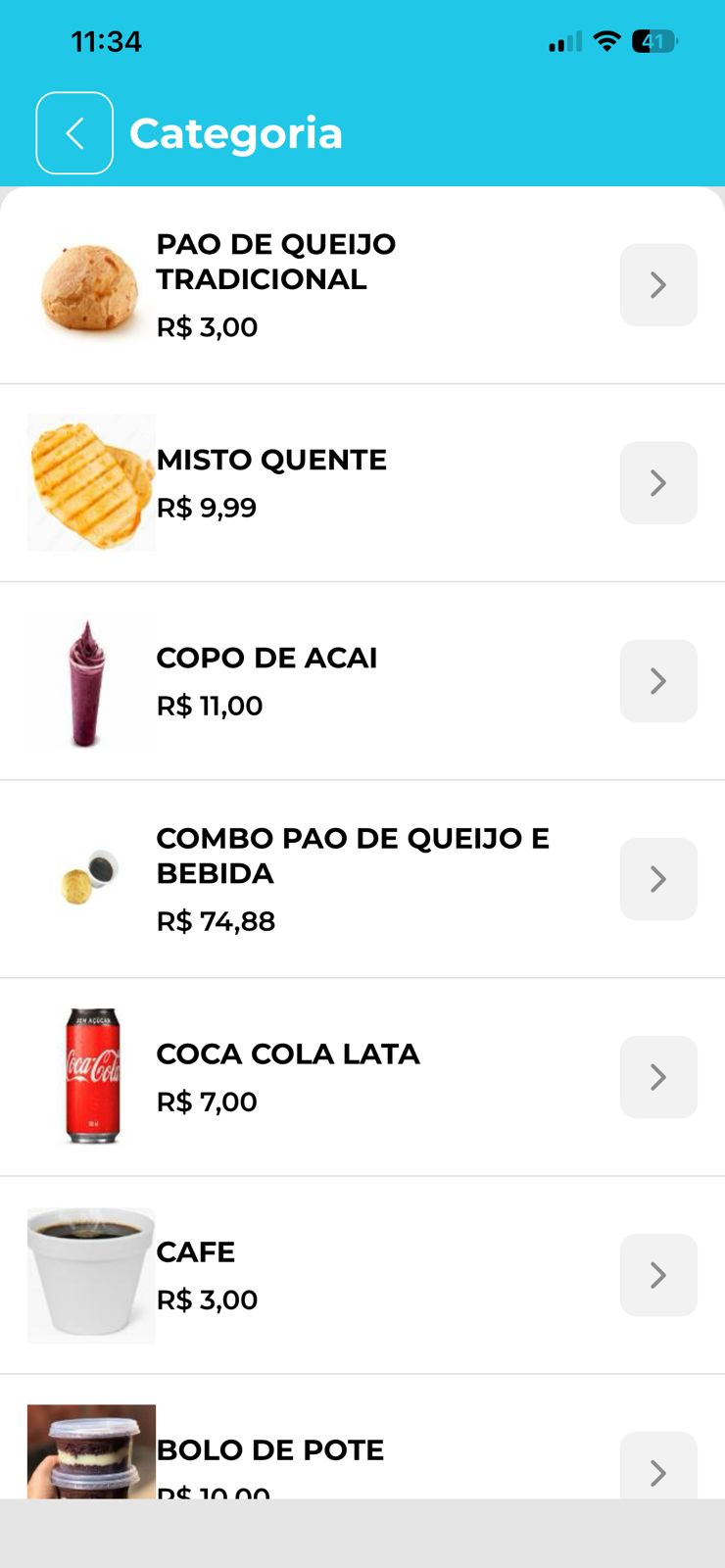 Tela do BYP Ticket com cardápio de produtos, categorias e preços